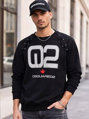 DSQUARED2 Black Crewneck Sweatshirt with White '02' Logo and Red Maple M